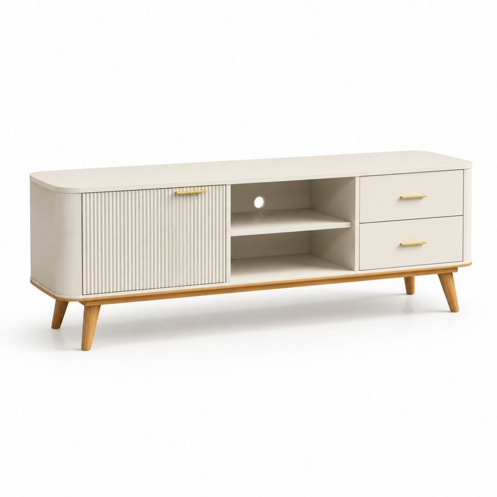 Mobile TV rettangolare avorio in MDF con gambe in legno massello 160 x 40 x 60 cm