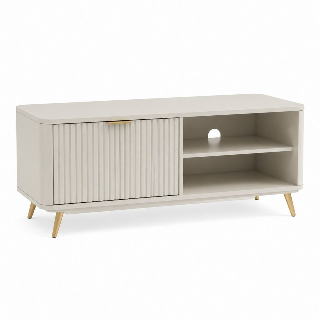 Mobile TV bianco in MDF con anta scanalata e ripiani 120 x 40 x 65 cm