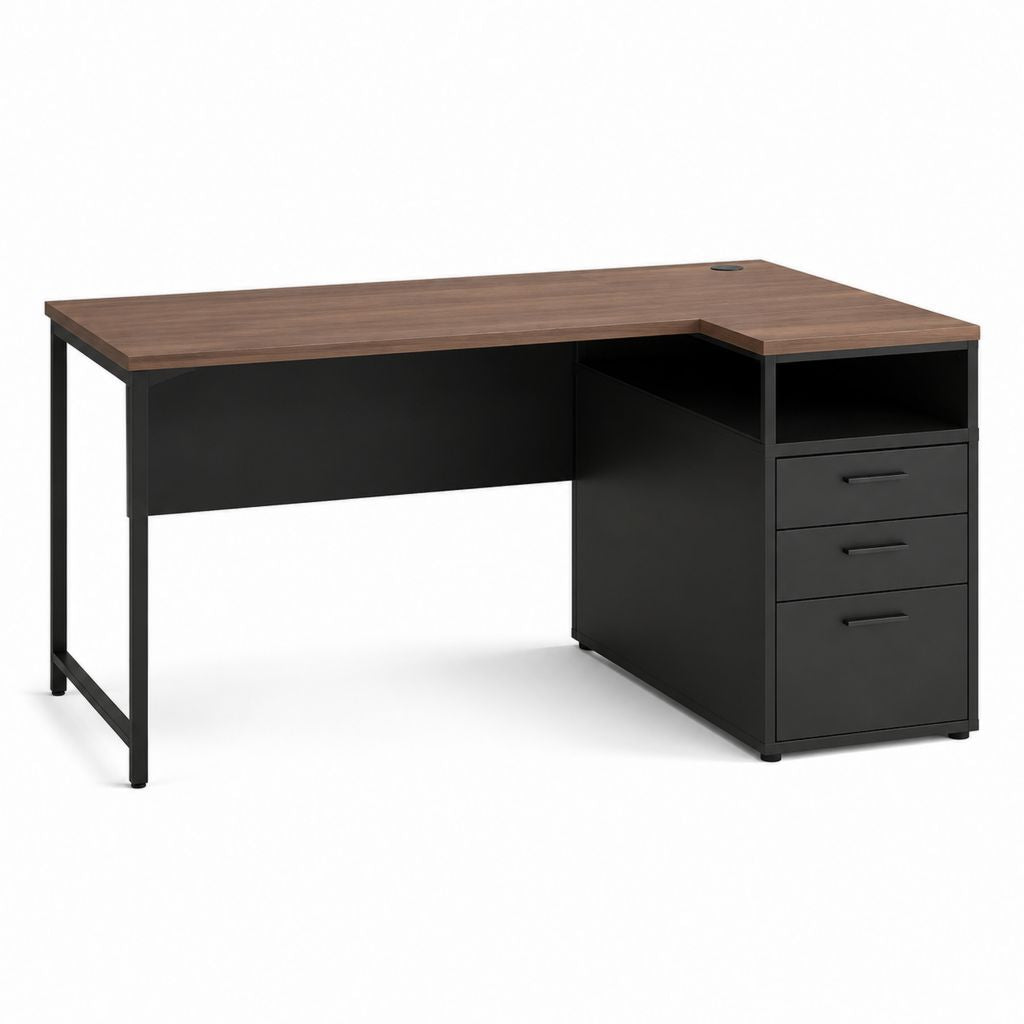 Scrivania angolare con cassettiera marrone noce e nero in pannello truciolare e acciaio 140 x 120 x 75 cm