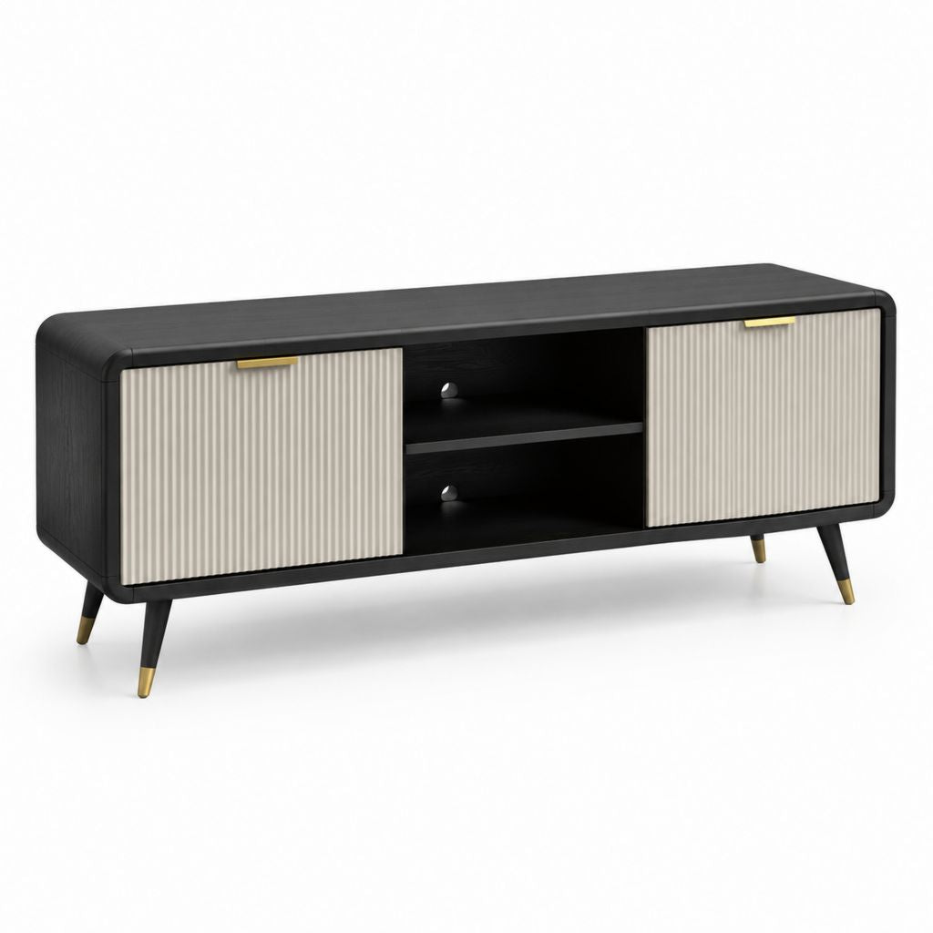 Mobile TV basso nero e beige in MDF 160 x 40 x 60 cm con 2 ante scorrevoli e ripiani
