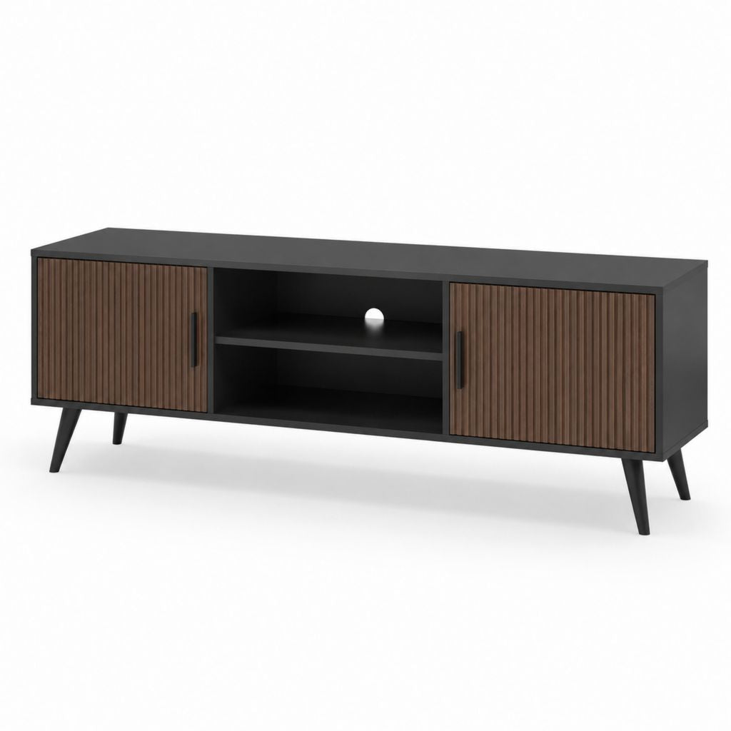 Mobile TV con ante scanalate noce e nero in pannello truciolare 160 x 40 x 60 cm