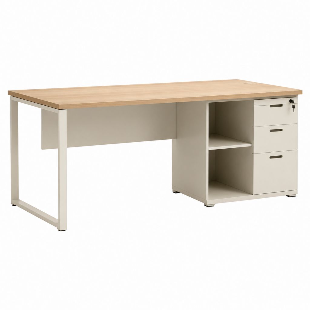 Scrivania ufficio rettangolare rovere chiaro e bianco in truciolare melaminico e acciaio 160 x 80 x 74 cm con 3 cassetti