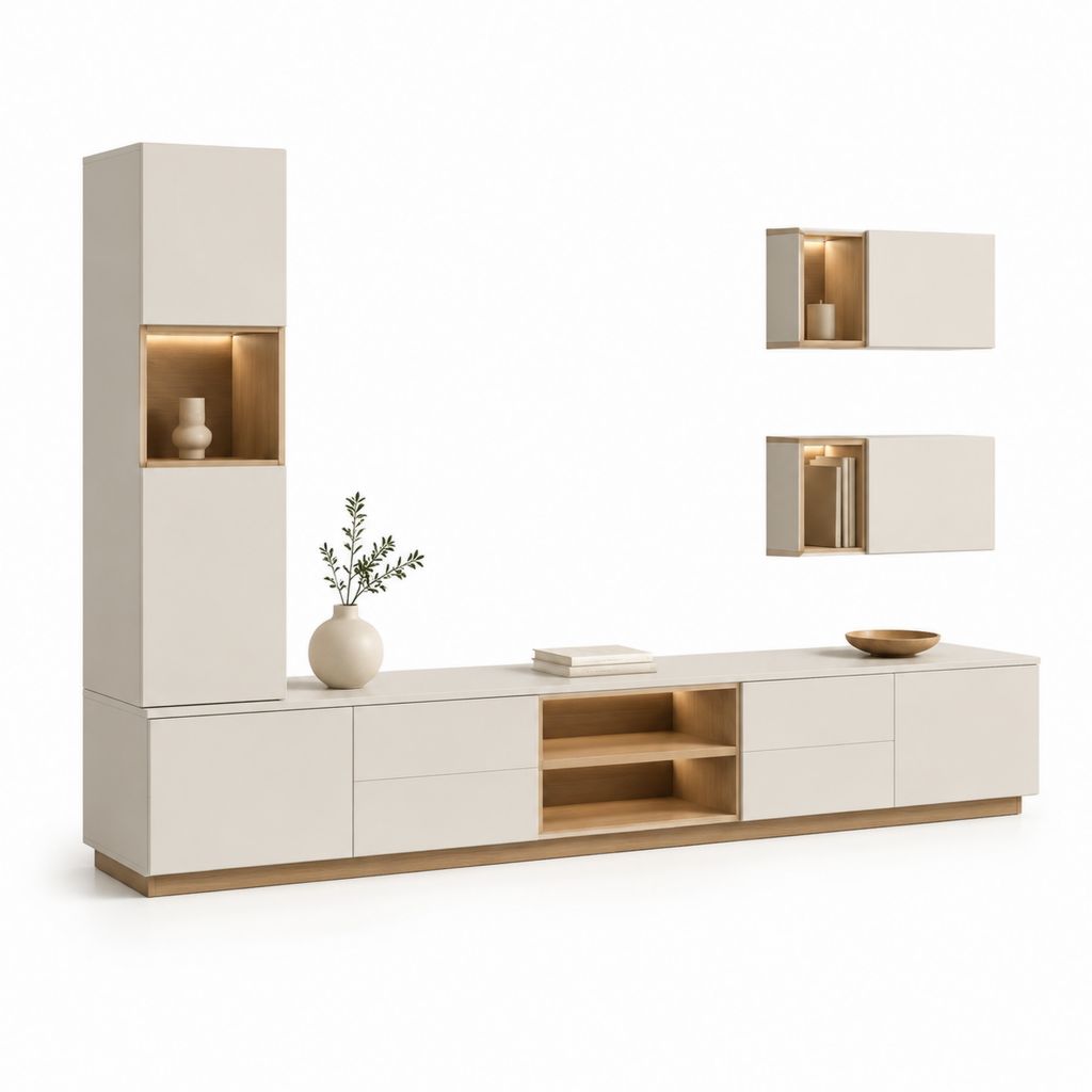 Parete attrezzata TV 4 pezzi beige e rovere in pannelli di particelle 300 x 40 x 180 cm