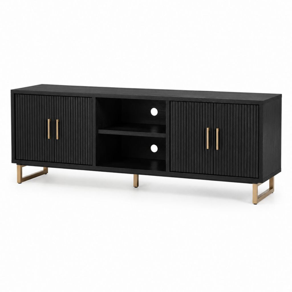 Mobile TV nero in MDF laminato rettangolare con ante scanalate e gambe in acciaio 160 x 40 x 65 cm