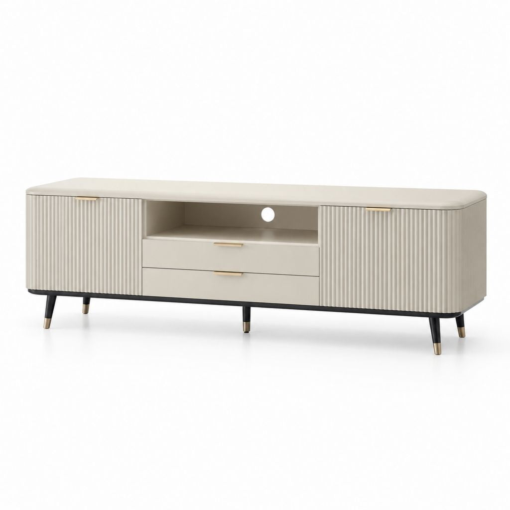 Mobile TV basso beige in MDF con ante scanalate e cassetti 180 x 40 x 55 cm