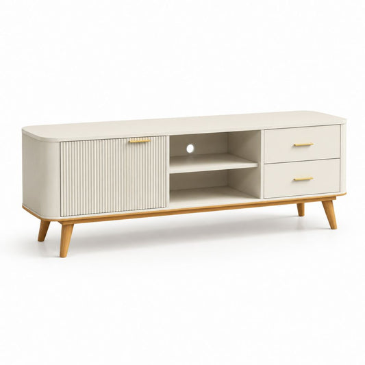 Mobile TV rettangolare avorio in MDF con gambe in legno massello 160 x 40 x 60 cm
