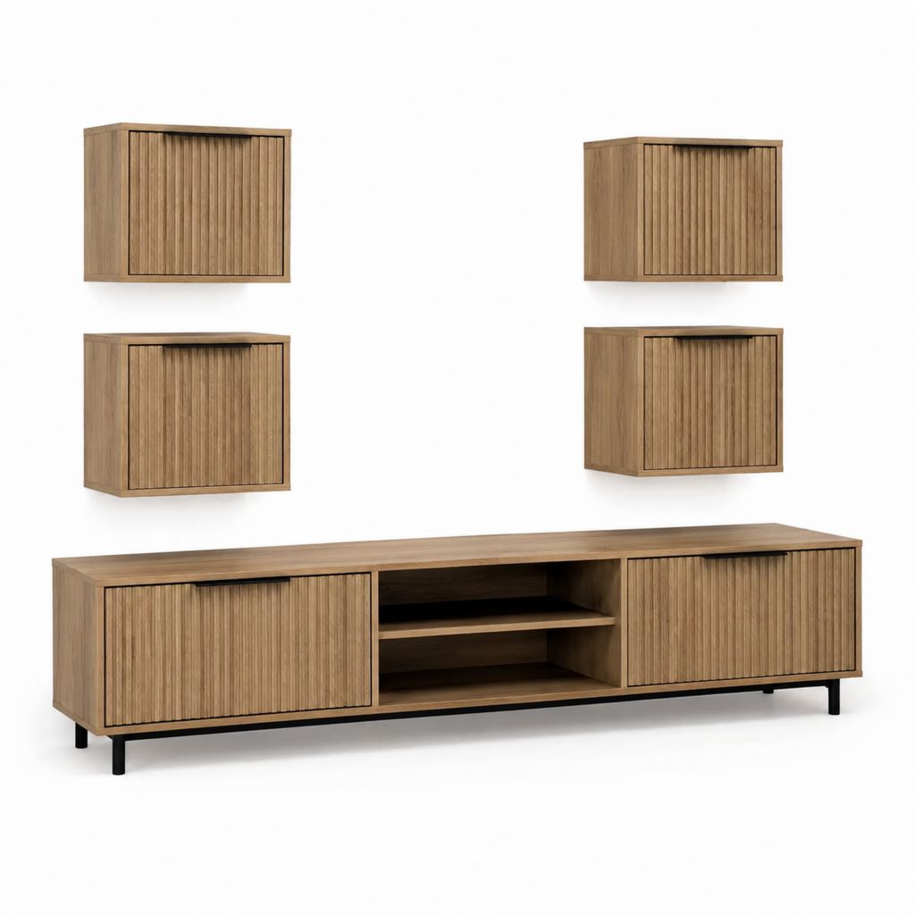 Mobile TV a parete set 5 pezzi rovere in MDF con base 200 x 40 x 50 cm e 4 pensili 60 x 30 x 60 cm