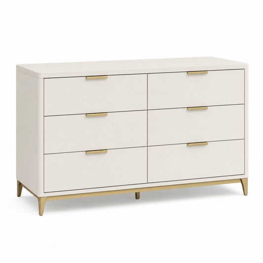 Cassettiera bassa a 6 cassetti avorio in MDF con dettagli oro 120 x 40 x 80 cm