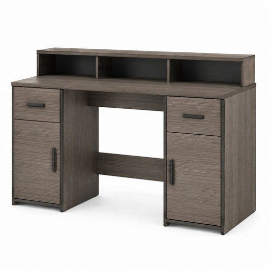 Scrivania tradizionale rettangolare grigio rovere in pannello di particelle 120 x 55 x 90 cm con 2 cassetti 2 armadietti e ripiano superiore
