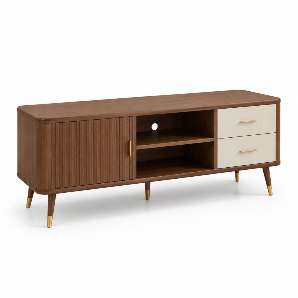 Mobile TV noce e crema in MDF impiallacciato con anta scorrevole e 2 cassetti 160 x 40 x 60 cm