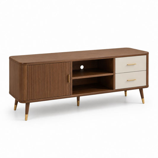 Mobile TV noce e crema in MDF impiallacciato con anta scorrevole e 2 cassetti 160 x 40 x 60 cm