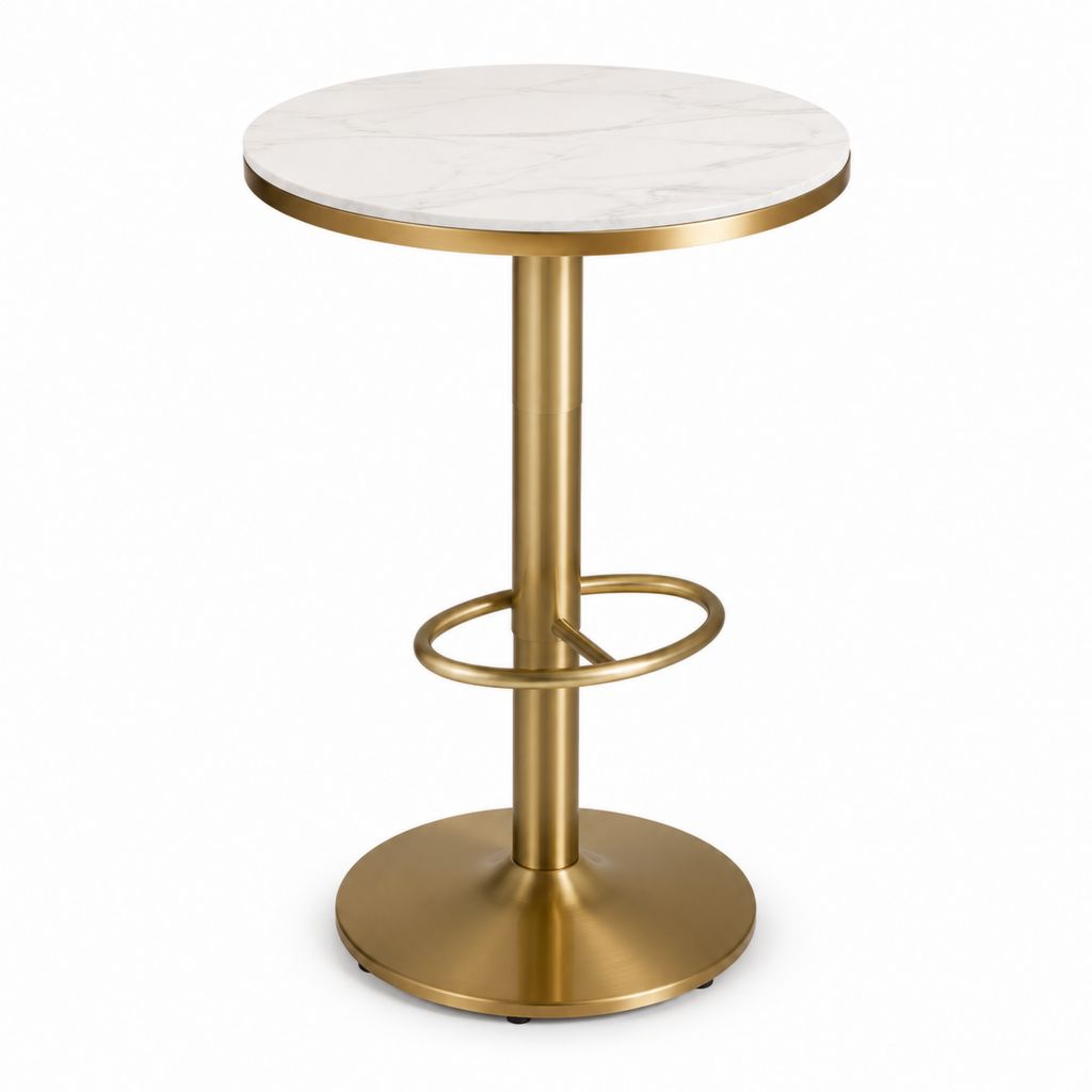 Tavolo da bar rotondo bianco e oro con piano effetto marmo in MDF e struttura in acciaio Ø70 x 105 cm
