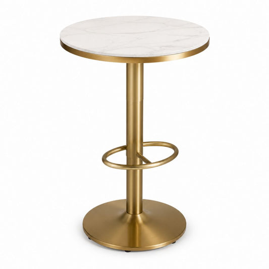 Tavolo da bar rotondo bianco e oro con piano effetto marmo in MDF e struttura in acciaio Ø70 x 105 cm