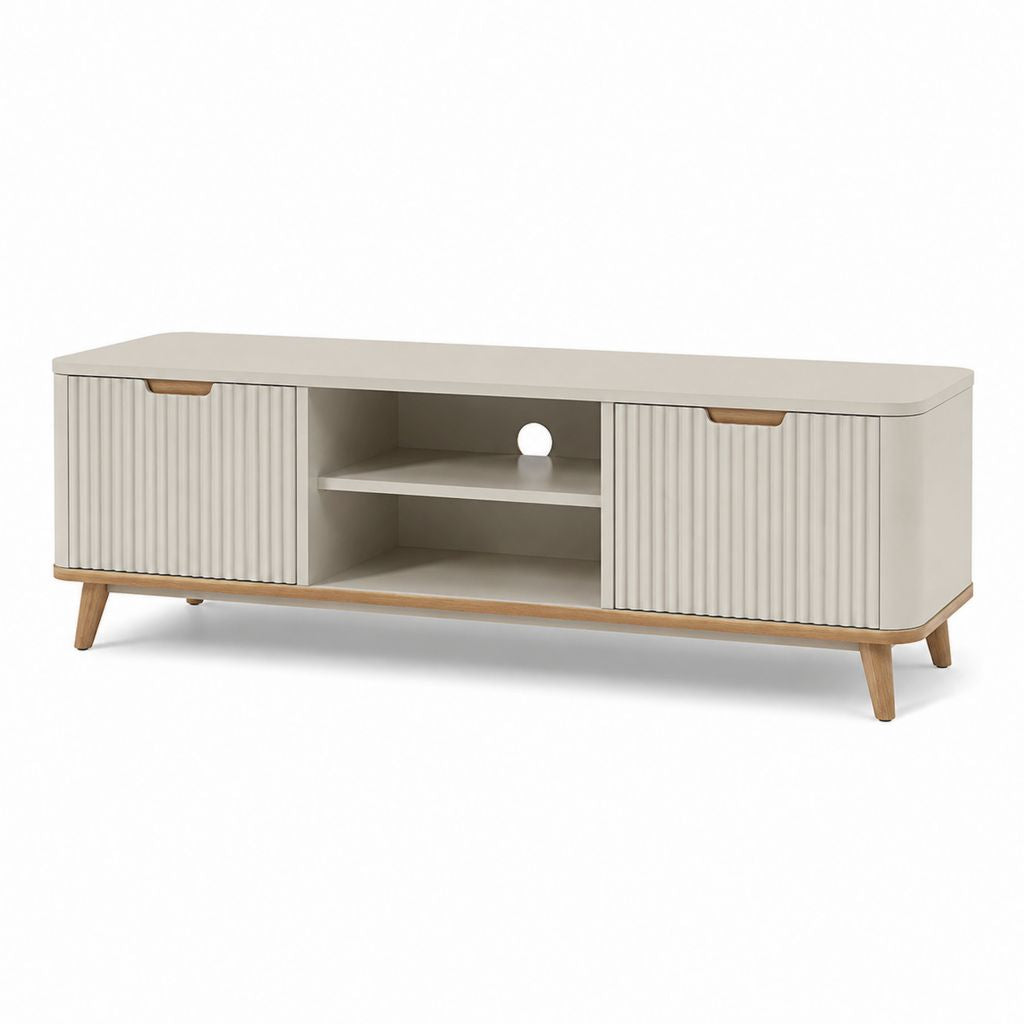 Mobile TV basso beige in MDF e legno massello con 2 ante e vani aperti 160 x 40 x 55 cm
