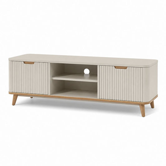 Mobile TV basso beige in MDF e legno massello con 2 ante e vani aperti 160 x 40 x 55 cm