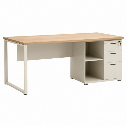 Scrivania ufficio rettangolare rovere chiaro e bianco in truciolare melaminico e acciaio 160 x 80 x 74 cm con 3 cassetti