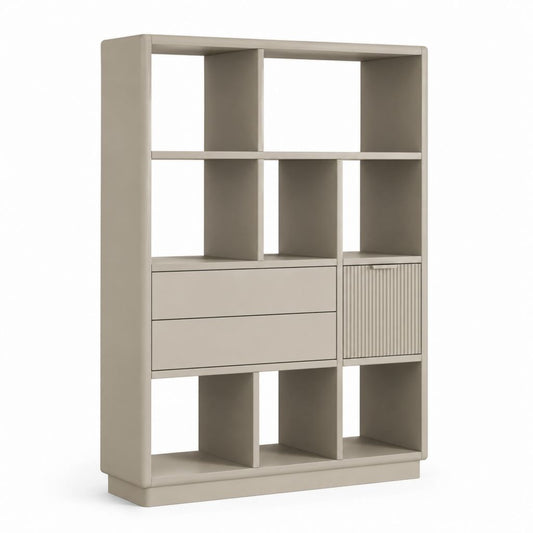 Libreria da terra beige in MDF rettangolare con 8 vani 2 cassetti e anta 120 x 35 x 180 cm