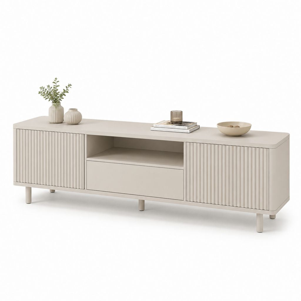 Mobile TV basso beige in MDF con ante scanalate 180 x 40 x 55 cm