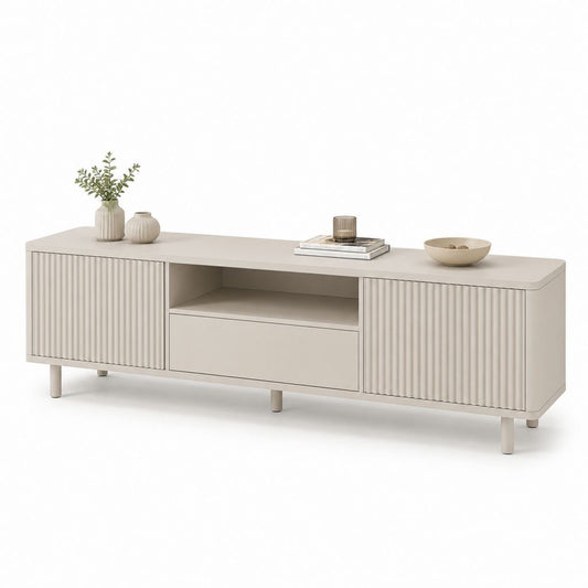 Mobile TV basso beige in MDF con ante scanalate 180 x 40 x 55 cm