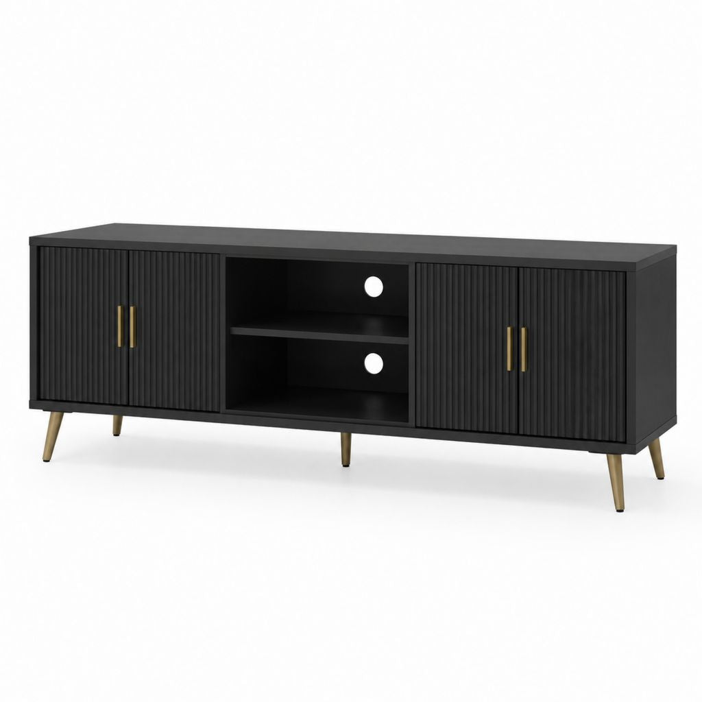Mobile TV nero in MDF con ante scanalate e ripiano centrale 160 x 40 x 60 cm