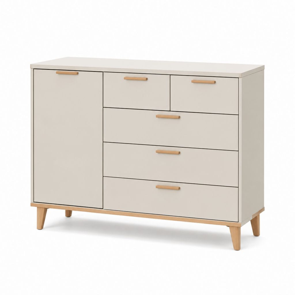 Comò basso 5 cassetti e 1 anta beige in pannello truciolare 120 x 40 x 80 cm