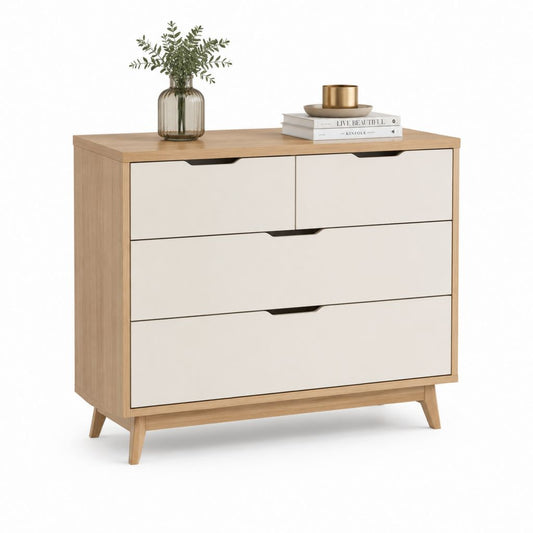 Cassettiera bassa 4 cassetti rovere chiaro e beige in pannello truciolare 100 x 40 x 85 cm
