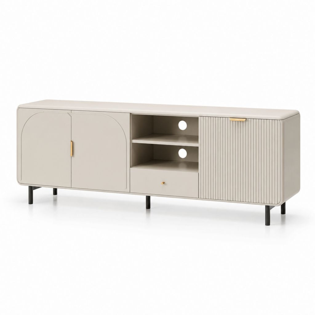Mobile TV beige in MDF rettangolare con 3 ante 1 cassetto e ripiani 180 x 40 x 60 cm