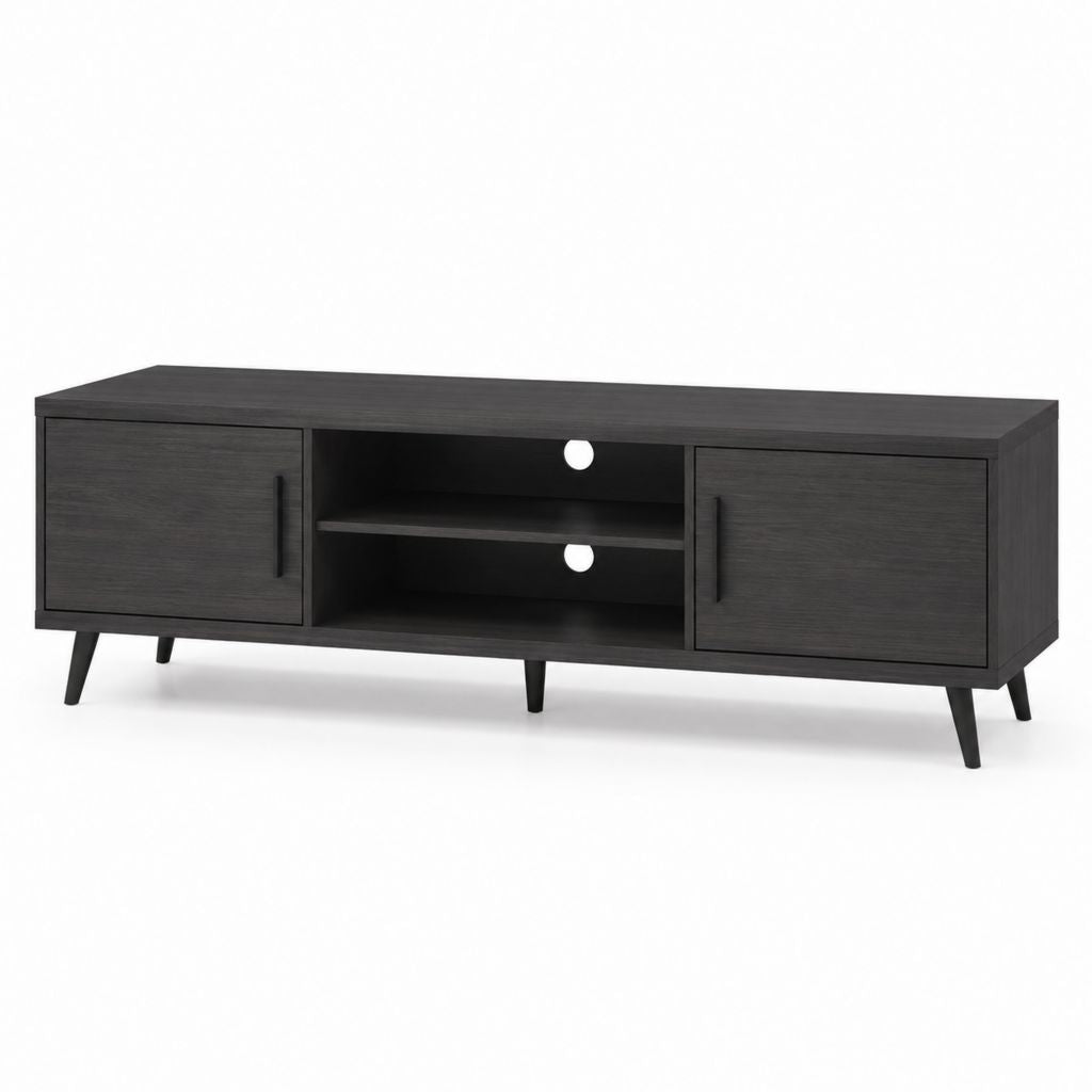 Mobile TV nero in pannello truciolare laminato con 2 ante e 2 ripiani 160 x 40 x 55 cm
