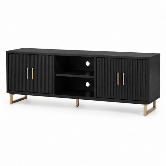 Mobile TV nero in MDF laminato rettangolare con ante scanalate e gambe in acciaio 160 x 40 x 65 cm